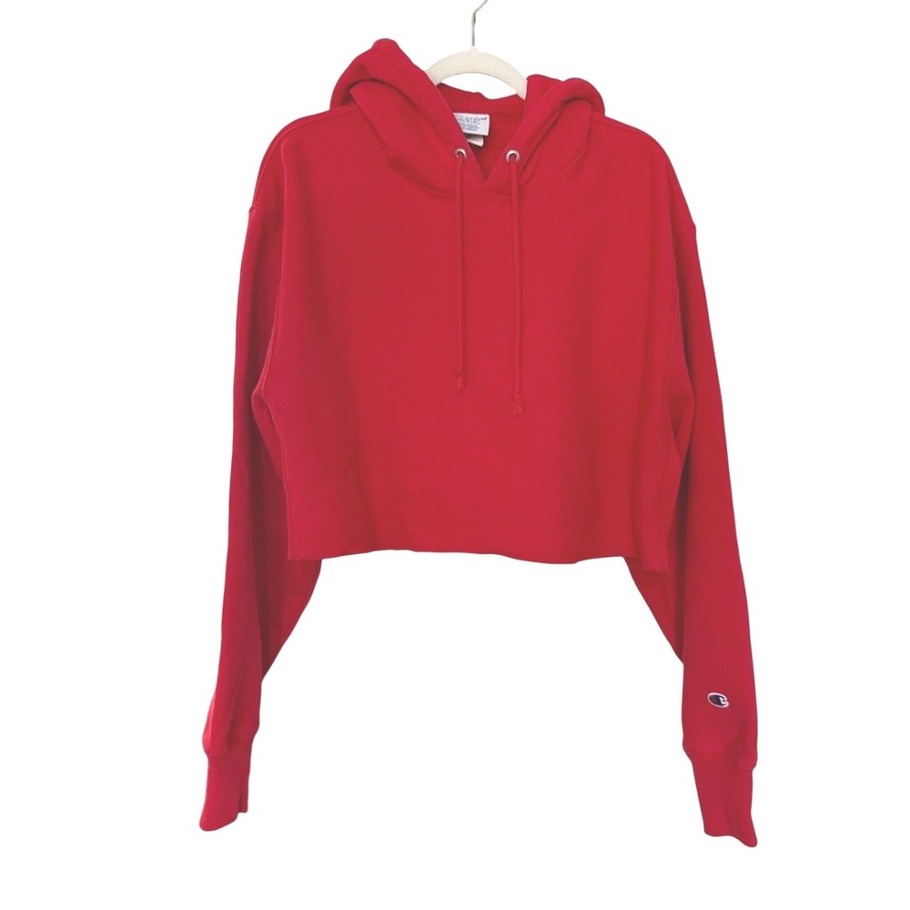 Champion Reverse Weave Cropped Hoodie XL Red Oversized Heavyweight Raw Hem